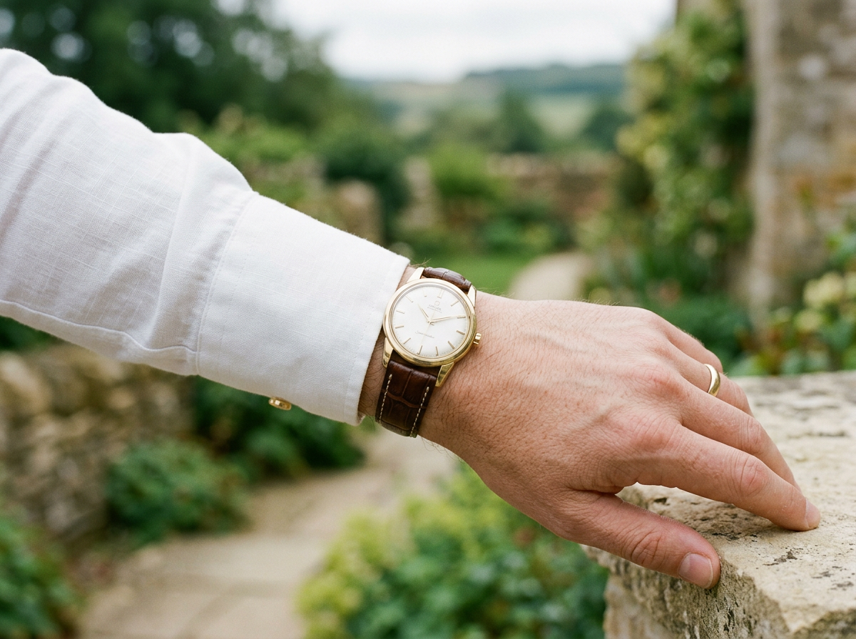Orient Bambino gold dress watch under a shirt cuff